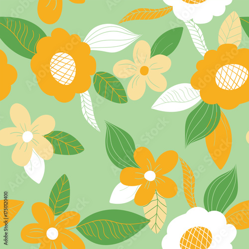Seamless floral pattern based on traditional folk art ornaments. Art flowers on color background. Scandinavian style. Sweden nordic style. Vector illustration. Simple minimalistic pattern.