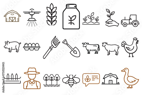 Farming and Agriculture Line Icon Set, Farm Tools and Animal Icons Pack