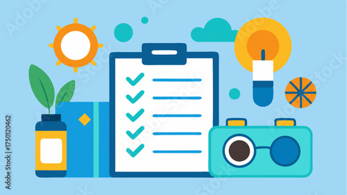 A travel checklist with icons for essential items like sunscreen sunglasses and a camera surrounded by travelthemed decorations.