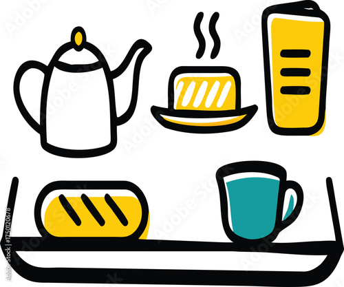 This stock photo features a vector icon set of hot coffee and tea cups, mugs, and pots for cafe and breakfast beverage design