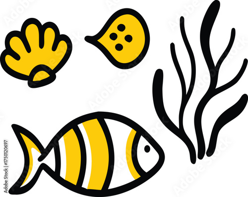 A colorful tropical cartoon fish vector illustration swimming in blue ocean water near a coral reef