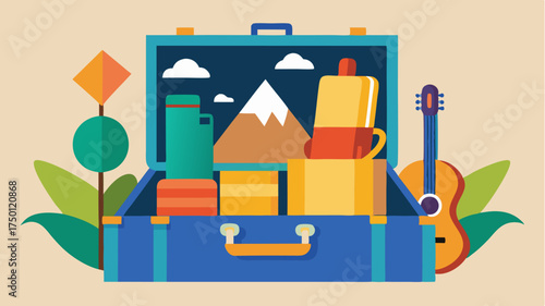 An open suitcase filled with cultural items like books music instruments and souvenirs representing the journey of discovery and exchange.