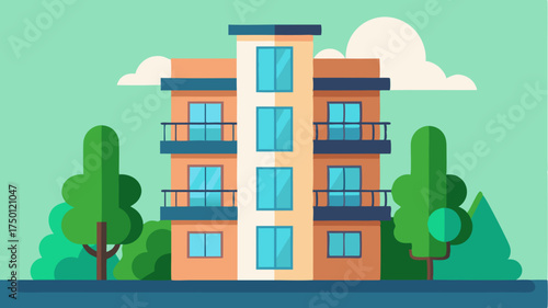 A stylized apartment building illustration showcasing multiple floors with balconies greenery and a bright sky.