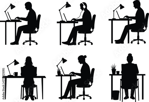 Remote work, office desk, computer setup, business team, workplace diversity, productivity, home office, digital communication, modern workspace, focused employees