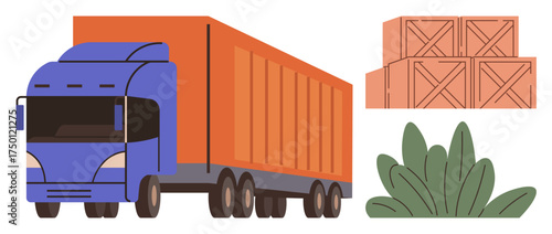 Cargo truck beside a stack of wooden crates and plants. Ideal for logistics, delivery, shipping, storage, supply chain, freight, eco-friendly transport in a simple flat metaphor