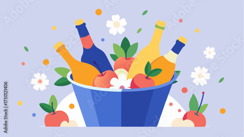 Bottles of sparkling wine chilled in an ice bucket surrounded by fresh fruit and flowers capturing a festive and celebratory atmosphere.