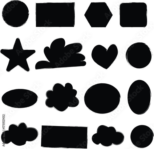 Collection of Textured Black Geometric and Organic Shapes on White Keywords: black shapes, grunge shapes
