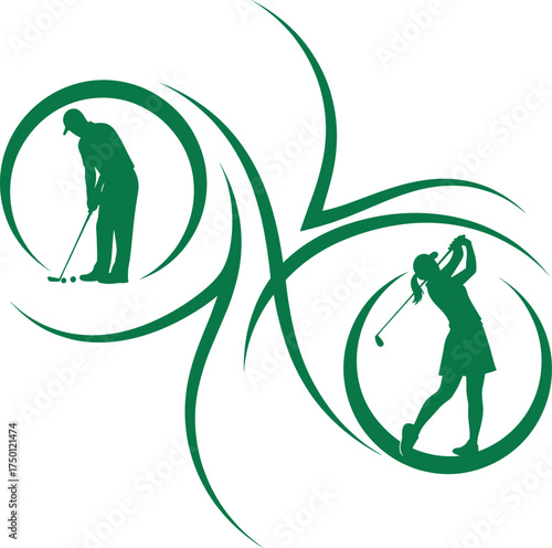 Golf silhouettes of male and female players with abstract swoosh design, golfer swing, putting, sports tournament, club logo, fitness lifestyle vector illustration