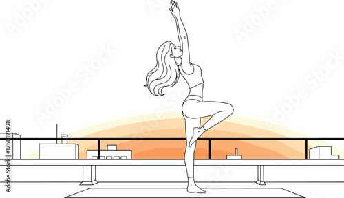 Yoga rooftop practice, woman in tree pose, sunrise cityscape background, mindfulness, balance, urban wellness, healthy lifestyle illustration