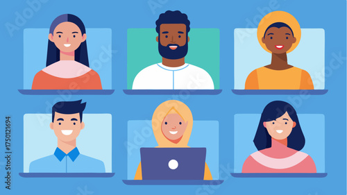 Employees of different cultural backgrounds participating in a virtual meeting with their faces displayed on screens fostering global teamwork.