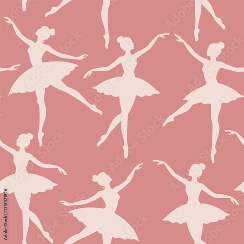 Seamless pattern with dancing ballerinas on pink background. Elegant girly vector ornament. Cute ballerina. Simple silhouettes ballerinas in flat style. Aesthetic, athletic woman, textile art, fashion