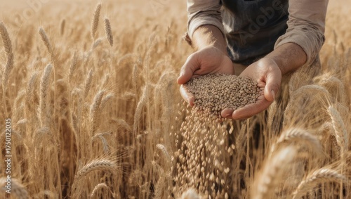 A farmer?s hands cradle a cascade of golden grain harvested from a sunlit wheat field