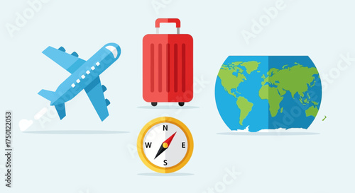 Travel icons depicting an airplane, suitcase, compass, and the globe representing global journeys and exploration