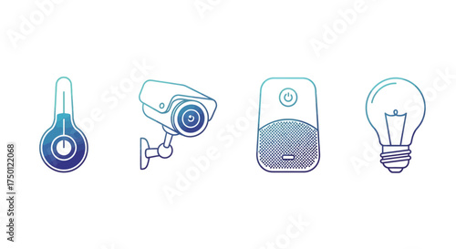 Smart Home Technology Icons Set Temperature Control, Security Camera, Remote, and Lightbulb