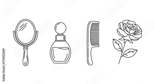 A minimalist outline collection of classic beauty and self-care icons featuring a hand mirror, perfume, comb, and rose