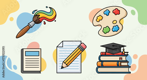Vibrant set of cartoon icons for art and education. Features a paintbrush, palette, books, paper, pencil, and graduation cap. Ideal for learning, creativity, and school projects