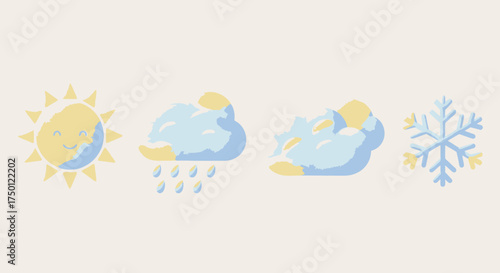 Delightful flat design weather icons showcasing a cheerful sun and crescent moon, a rain cloud, a sunny cloud, and a snowflake, ideal for modern digital interfaces and forecasting apps