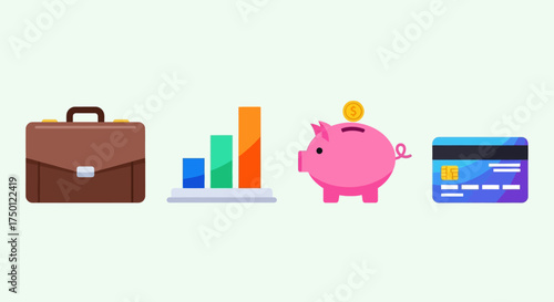 Modern flat icon set illustrating key business concepts, including financial growth charts, investment savings, and electronic payment methods