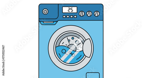 A flat line art illustration of a modern blue front-loading washing machine during a cleaning cycle, with clothes tumbling in soapy water