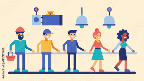 An assembly line with diverse characters each performing a unique task showcasing how varied skills contribute to a successful collective output.