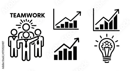 Business concept icon set depicting teamwork, financial growth charts, and innovative ideas, perfect for illustrating corporate strategy, development, and collaborative success