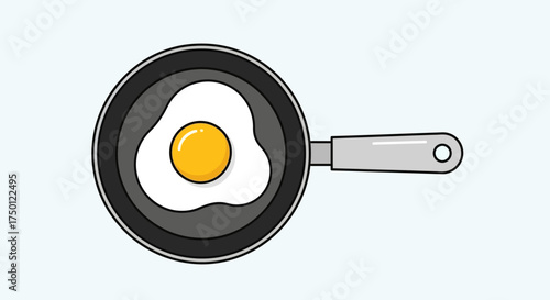 A simple flat vector illustration of a single sunny-side up fried egg cooking in a black frying pan, representing a classic breakfast meal