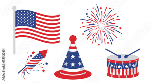 Iconic American Independence Day symbols USA flag, fireworks, party hat, and drum for festive celebrations