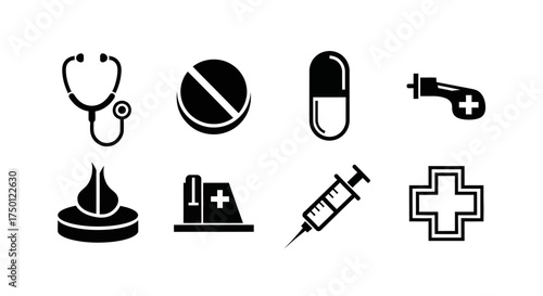 Medical Icon Set Stethoscope, Pill, Capsule, Syringe & More