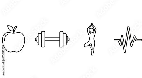 A collection of simple line icons representing the key elements of a healthy lifestyle, including diet, exercise, yoga, and heart health