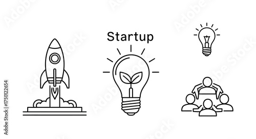 Startup Launch Rocket, Idea Bulb, and Teamwork Outline Icons for Business Innovation