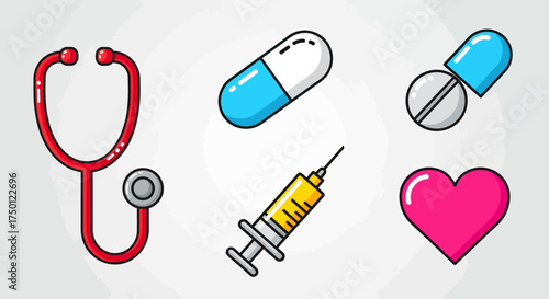 A collection of colorful line art medical icons representing healthcare, pharmacy, and cardiology concepts like treatment and diagnosis