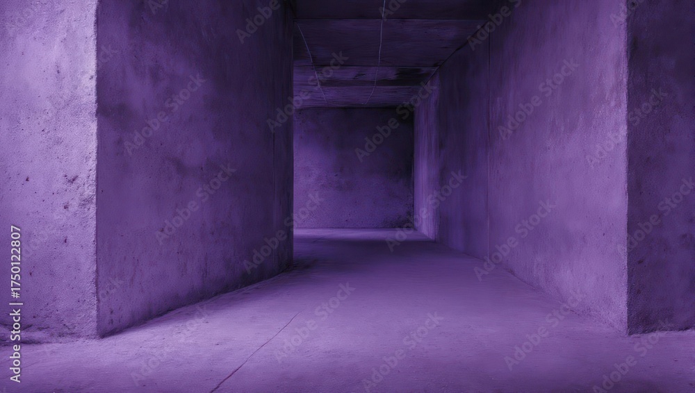 Fototapeta premium A dim, violet-toned corridor of raw concrete with vanishing point perspective