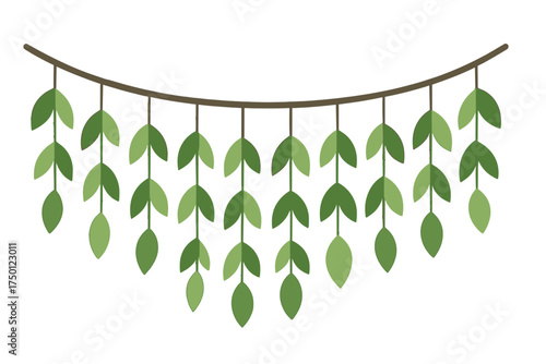 Sukkot - hanging garland with leaves. Green leaf garland hanging on a brown branch in a simple design  