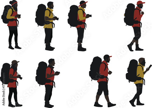 Hiker photographer illustration, outdoor backpack vector, camera poses, travel adventure scene, hiking gear, nature exploration, red and yellow outfit, black silhouette