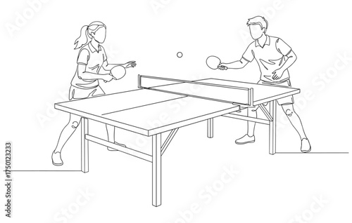 Continuous line drawing of two players playing table tennis match