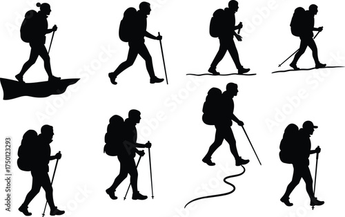 Hiker silhouettes with walking sticks, outdoor trekking poses, black vector icons, hiking terrain movement, backpack gear, nature exploration, adventure scene, travel concept