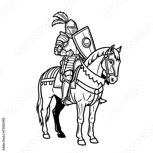 Medieval Knight in Full Armor Riding a Horse with Shield.