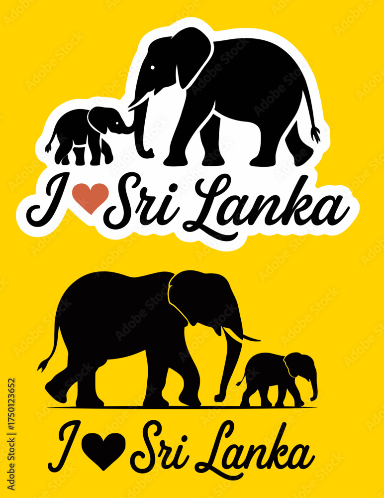 Naklejka premium I Love Sri Lanka Typography with Elephant Mother and Baby Silhouette Heart Symbol Yellow Vector Sticker Set