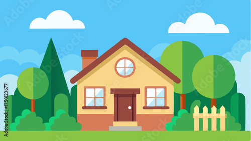 A forsale sign in front of a charming cottage with a background of a landscaped garden and blue sky.