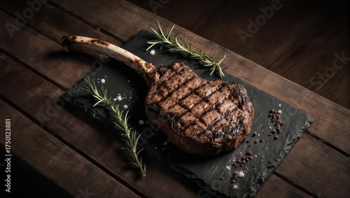 A cooked, bone-in ribeye steak on a slate platter, garnished with rosemary and salt
