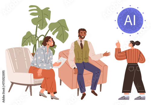 Group of three people having an insightful discussion about AI technology, with a futuristic focus. Ideal for teamwork, collaboration, innovation, AI exploration, technology, strategy, and education