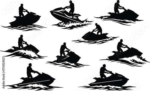 Jet ski silhouettes, water sport vector, black icons with wave splash, speed riding poses, aquatic recreation, outdoor adventure, motion concept, marine activity
