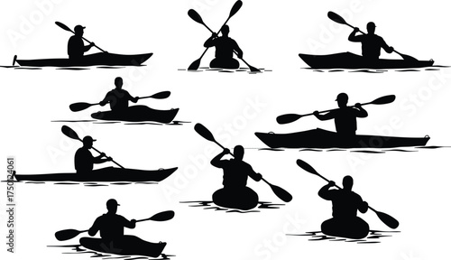 Kayaking silhouettes, water sport vector, black icons with wave motion, double-bladed paddle poses, aquatic recreation, outdoor adventure, rowing technique, travel concept