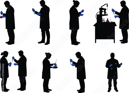Laboratory silhouette illustration, scientists with flasks and pipettes, blue glove activity, black vector art, research equipment scene, chemical experiment moment