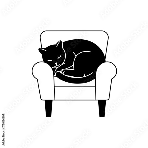 Black cat sleeping on white armchair icon for cozy interior design