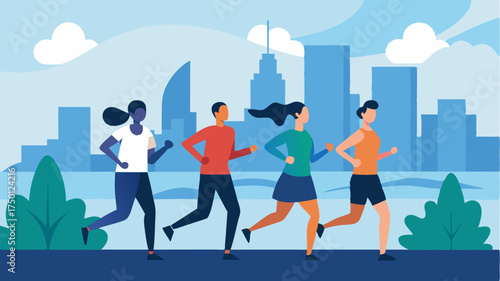 A group of friends jogging along a waterfront promenade with a backdrop of the skyline reflecting on the water promoting active lifestyles.