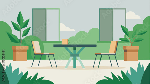 An outdoor patio with minimalistic furniture such as a low table and matching chairs surrounded by greenery and simple outdoor decor.