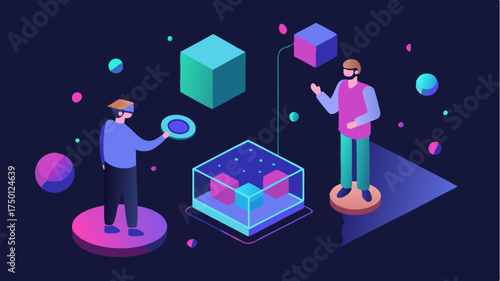 An illustration of a virtual reality environment where users interact with a crypto wallet interface through a 3D holographic display.