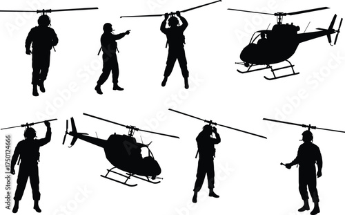 Military helicopter silhouette, soldier interaction, tactical aviation scene, rotor blade contact, black vector illustration, army personnel, aircraft operation, defense training moment