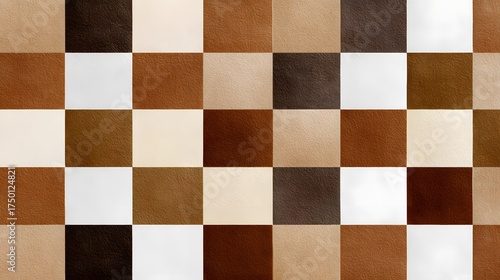 Seamless checkerboard pattern in warm browns, tan, beige, and cream with a textured, leather-like finish, creating a rich, earthy, and sophisticated background.